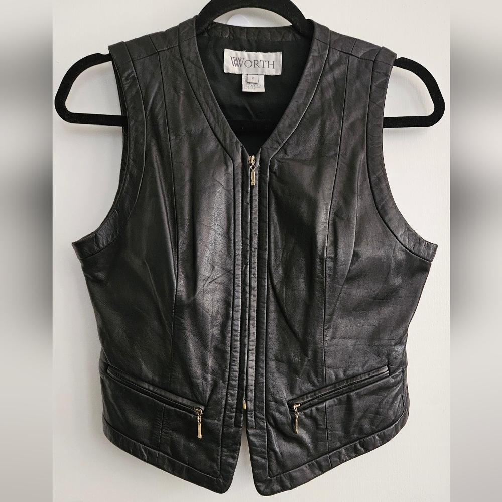 WORTH Black Leather Vest SZ 2 Full Front Hidden Zipper 2 Front Hidden Zi…